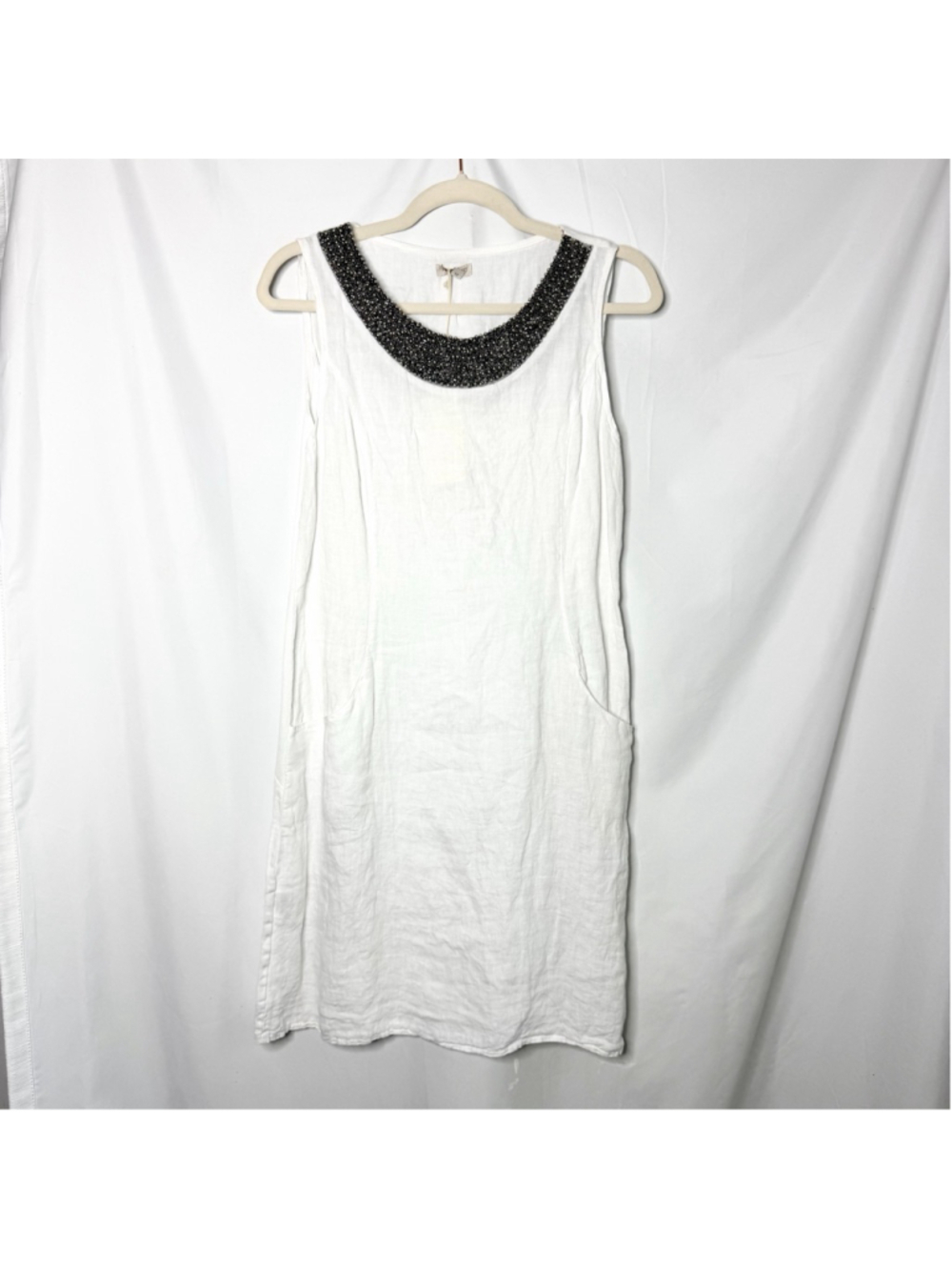 NEW with tags Lina Tomei White Linen Beaded Neck Sleeveless Dress M